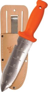 AM Leonard knife with orange handle and sheath.