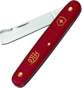 Victorinox folding garden knife opened with a red handle.