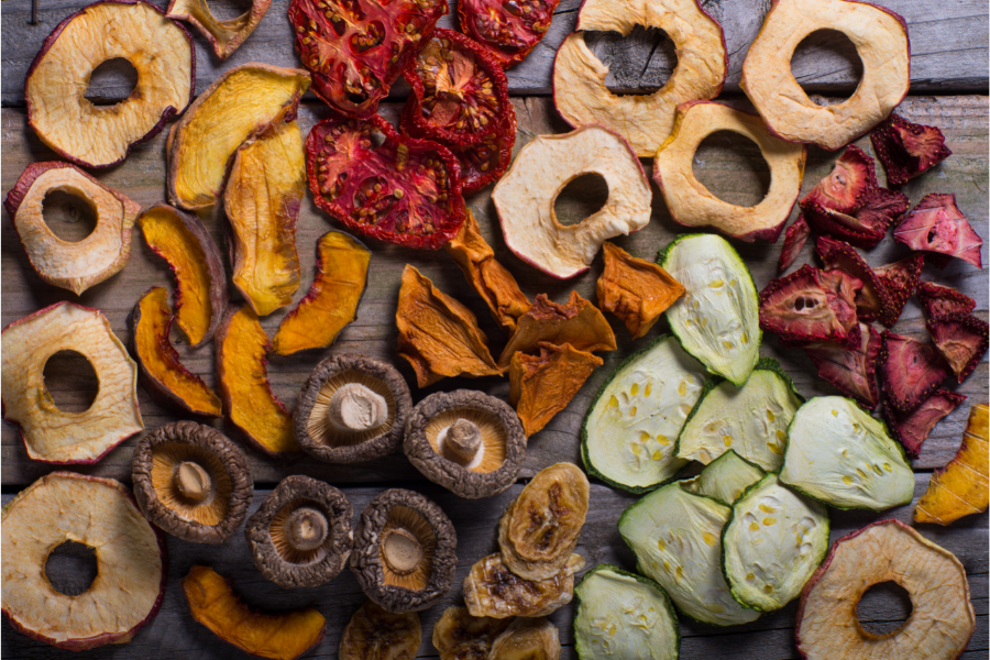 Assorted fruits and vegetables that have been dehydrated with a Dehydrator.