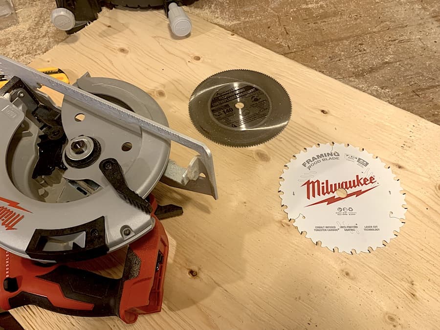 Milwaukee circular saw on a piece of plywood with a 24-tooth blade. 