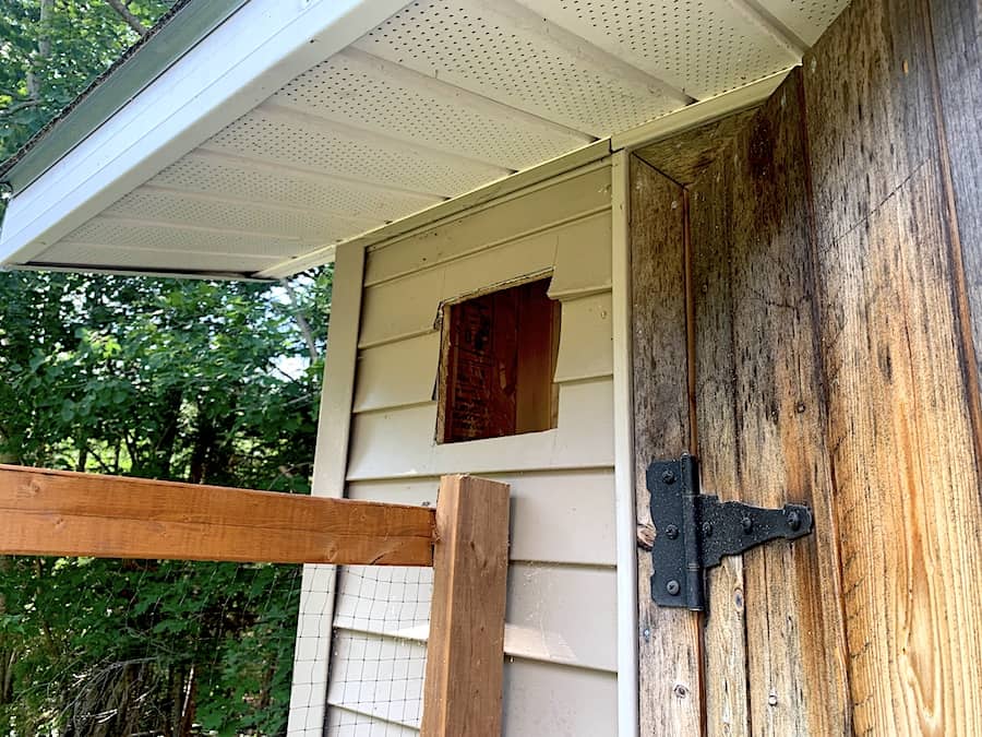 A whole cut out of the chicken coop/tool shed for the vent. 