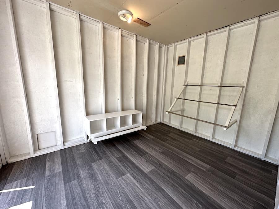 The chicken coop with the newly installed linoleum flooring. 