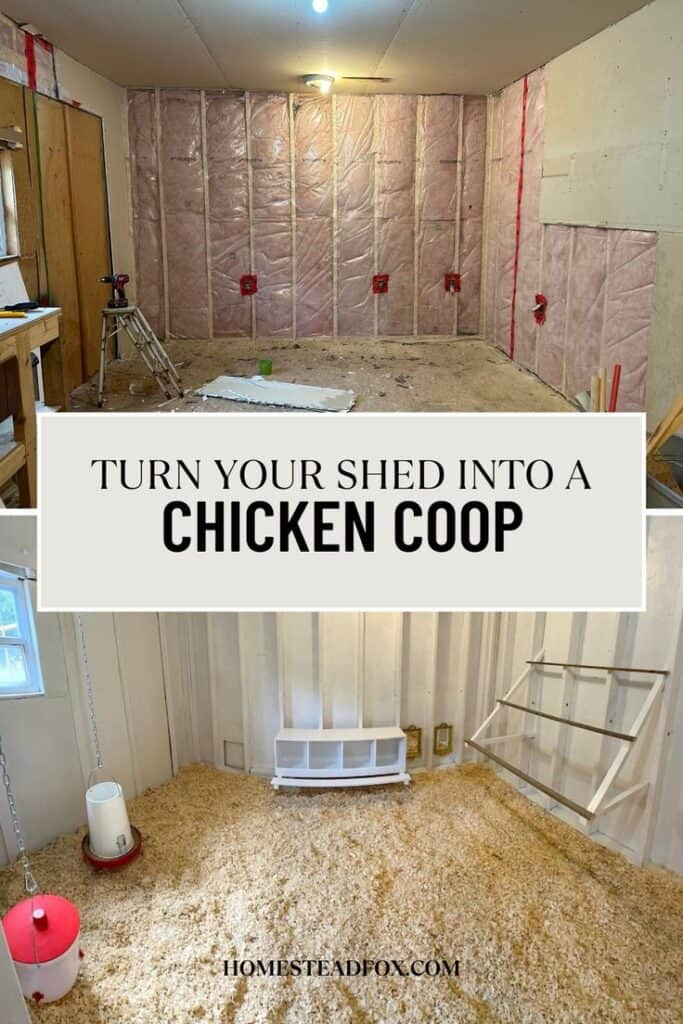 Before and after of a shed turned into a chicken coop. 