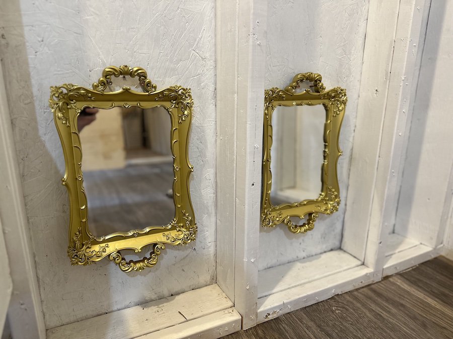 Two gold plastic mirrors on the walls of our chicken coop used to keep our hens entertained. 