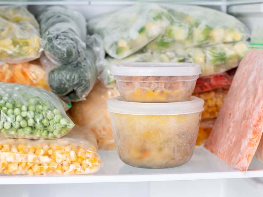 Frozen food in a freezer. Including soups, vegetables and fruit in ziplock bags and containers.