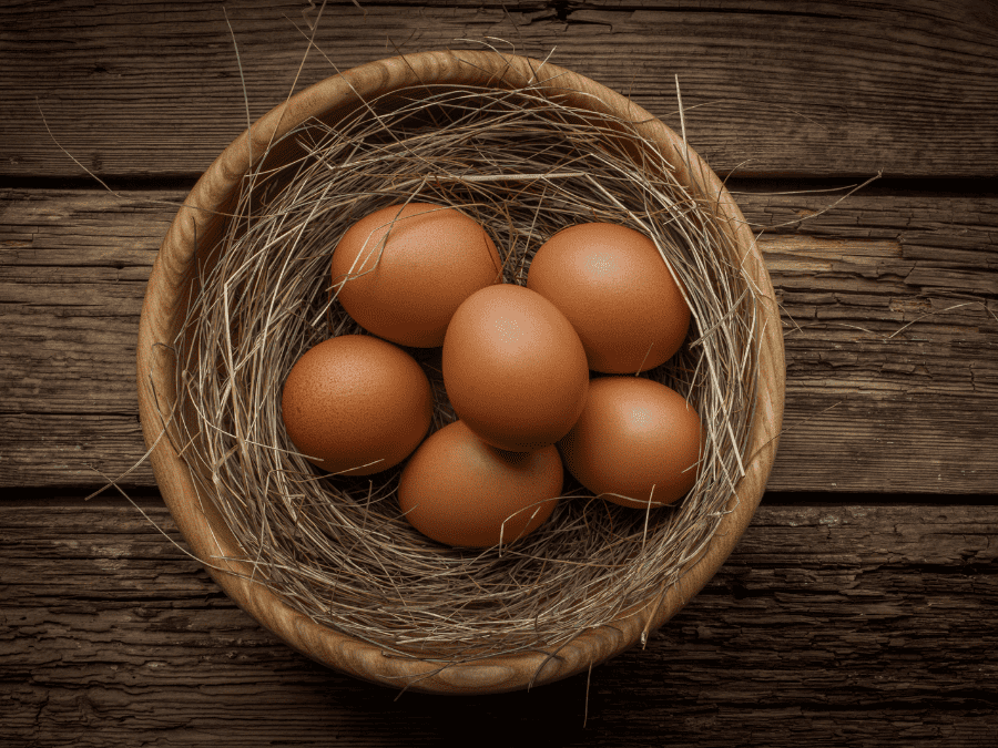 Different Coloured chicken eggs: dark brown eggs in a basket