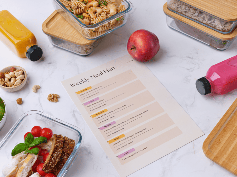 A meal plan list on paper with food in containers around it. 